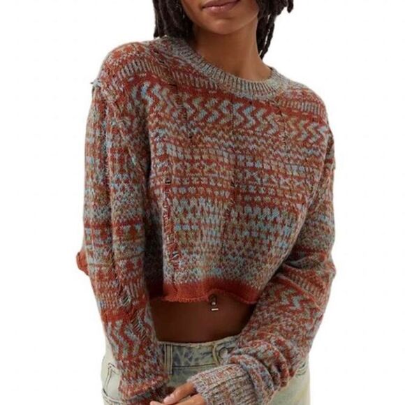 BDG Sweaters - BDG Distressed Brown & Teal Cropped Fair Isle Long Sleeve Sweater